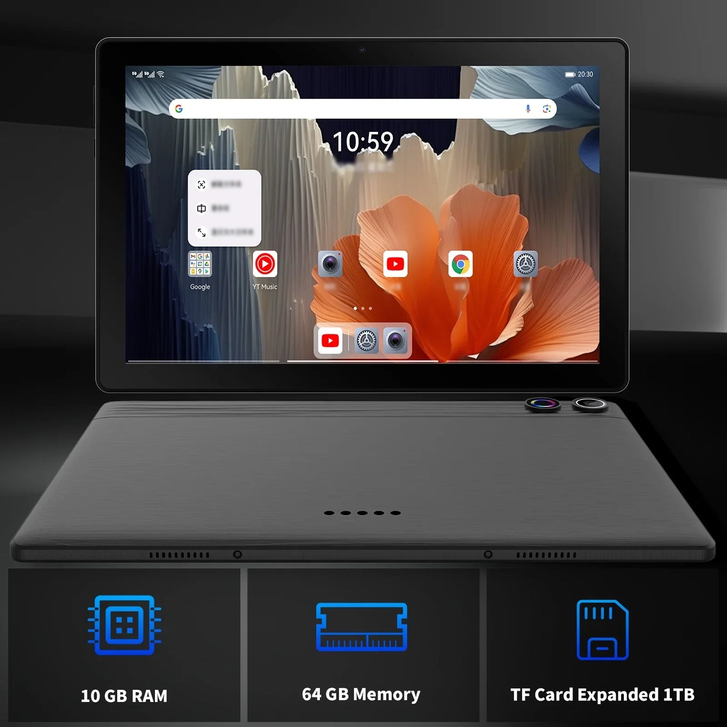 Android 14 10 inch Tablet, A523 Octa Core, 8GB RAM + 64GB ROM(TF 1TB), 5000mAh, Face Unlocked,Black+Keyboard & Mouse Set, Black