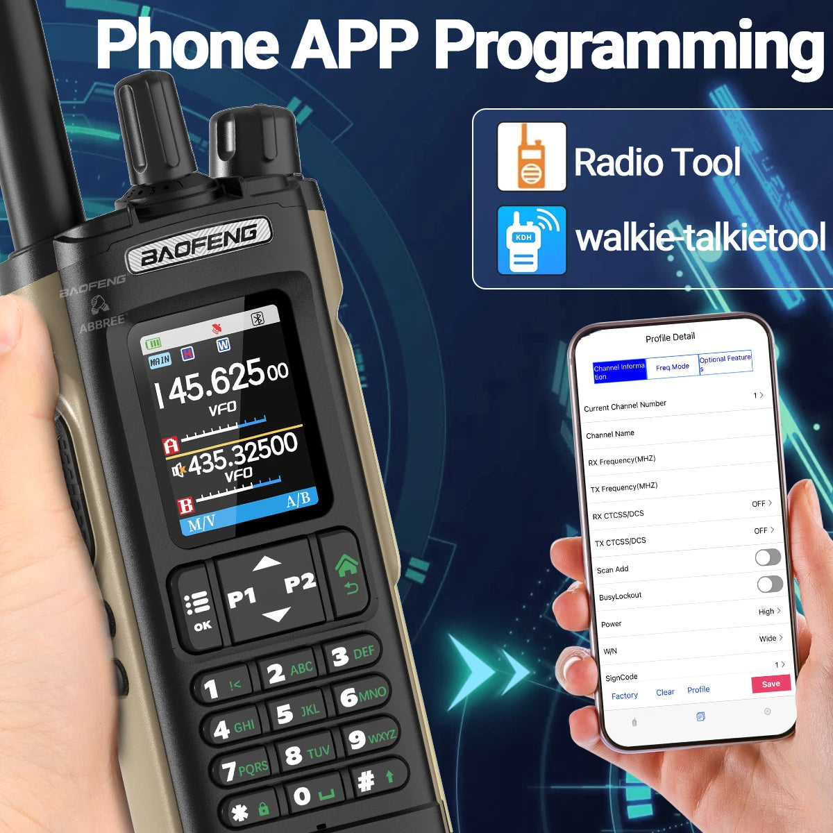 Baofeng UV-32 Walkie Talkie Multi Band 10W GPS Bluetooth Programming Amateur AM Two Way Radio with 2.0 Inch Screen Type C Ham Radio