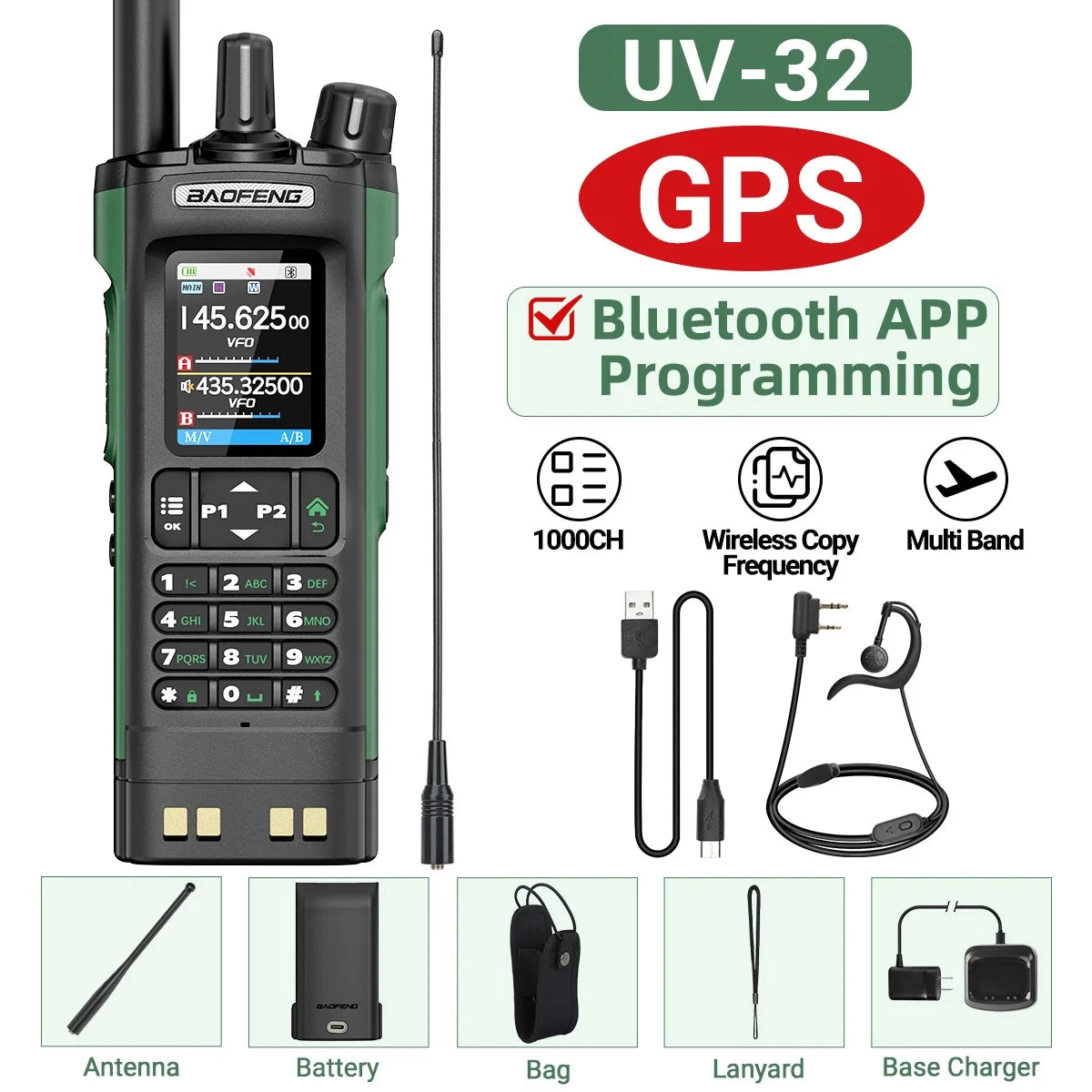 Baofeng UV-32 Walkie Talkie Multi Band 10W GPS Bluetooth Programming Amateur AM Two Way Radio with 2.0 Inch Screen Type C Ham Radio