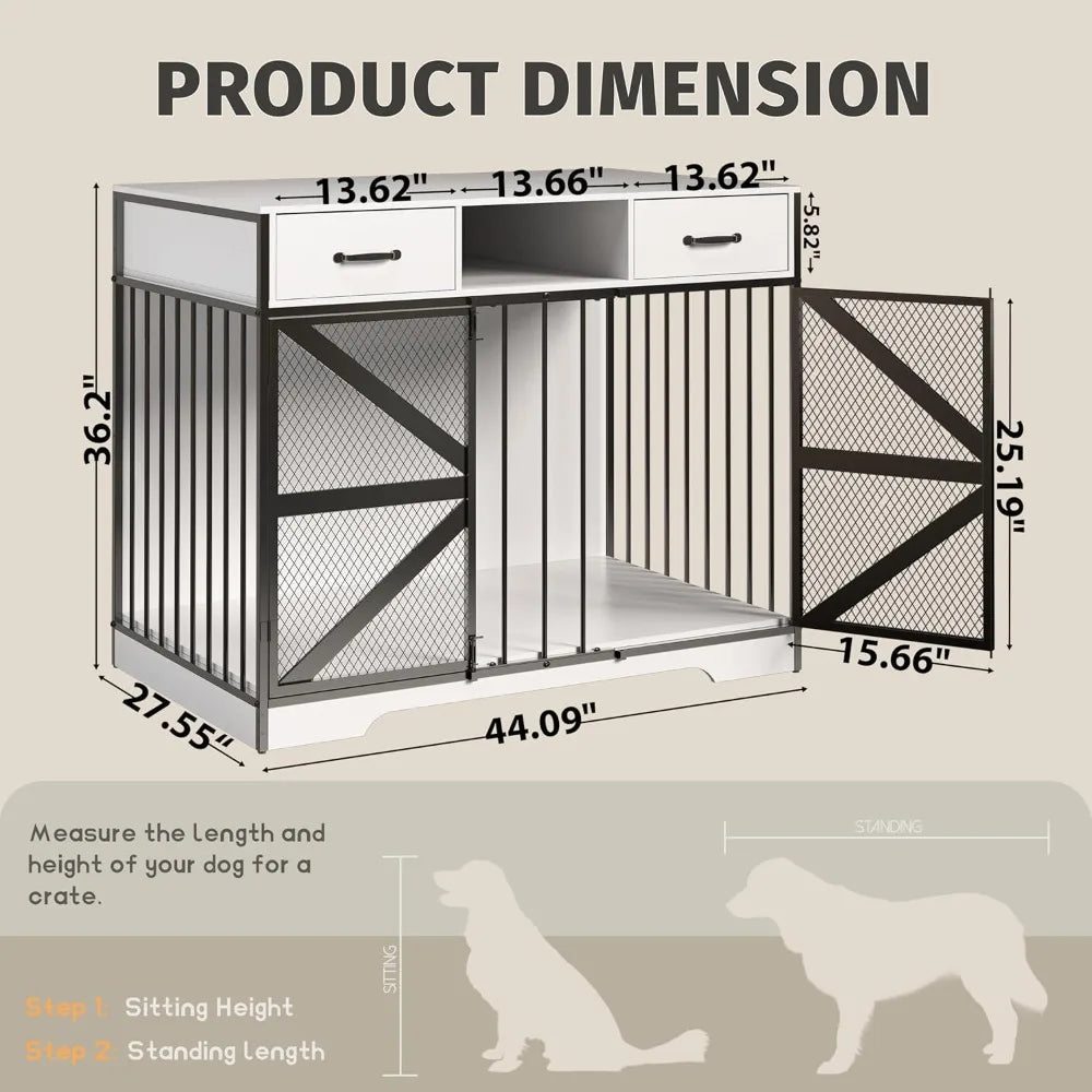 Large Wooden Indoor Dog Crate for XL and Medium Dogs - Heavy Duty Metal Cage with Decorative Design