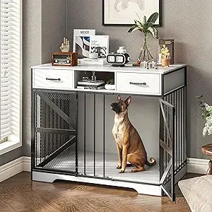 Large Wooden Indoor Dog Crate for XL and Medium Dogs - Heavy Duty Metal Cage with Decorative Design