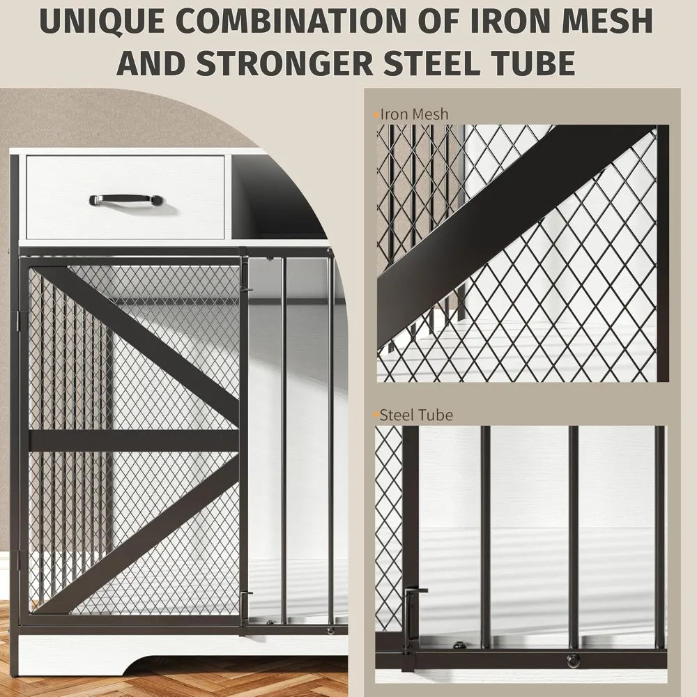 Large Wooden Indoor Dog Crate for XL and Medium Dogs - Heavy Duty Metal Cage with Decorative Design