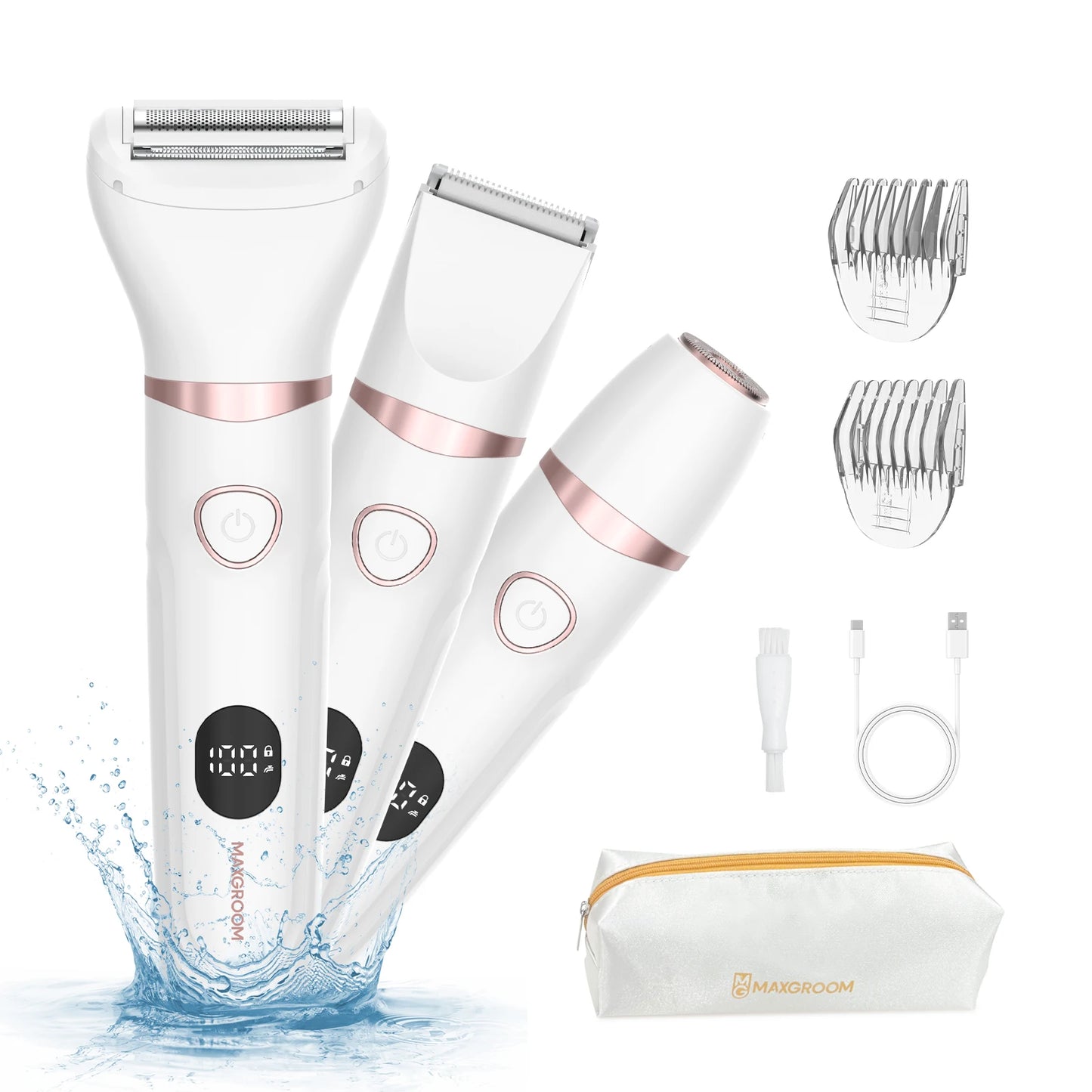 MAXGROOM 3 in 1 Body Hair Trimmer Kit for Woman Bikini Hair Shaver Facial Trimmer Electric IPX6 Waterproof Pubic Hair Shaver