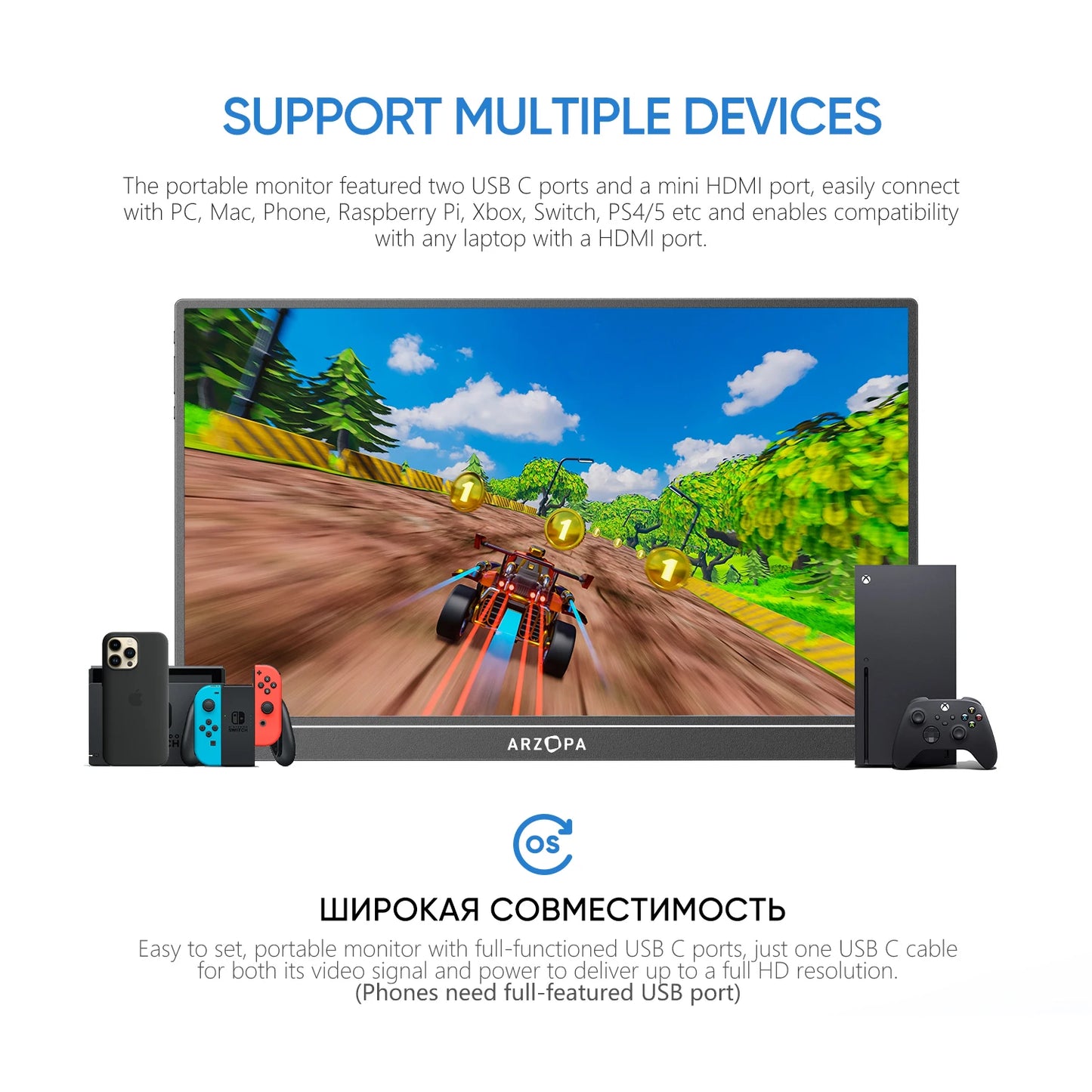 ARZOPA 1080P Portable Monitor 15.6 inch Monitors for Laptop MAC Switch Xbox Phone ps4 PC USB C HDMI-Compatible Computer Display
