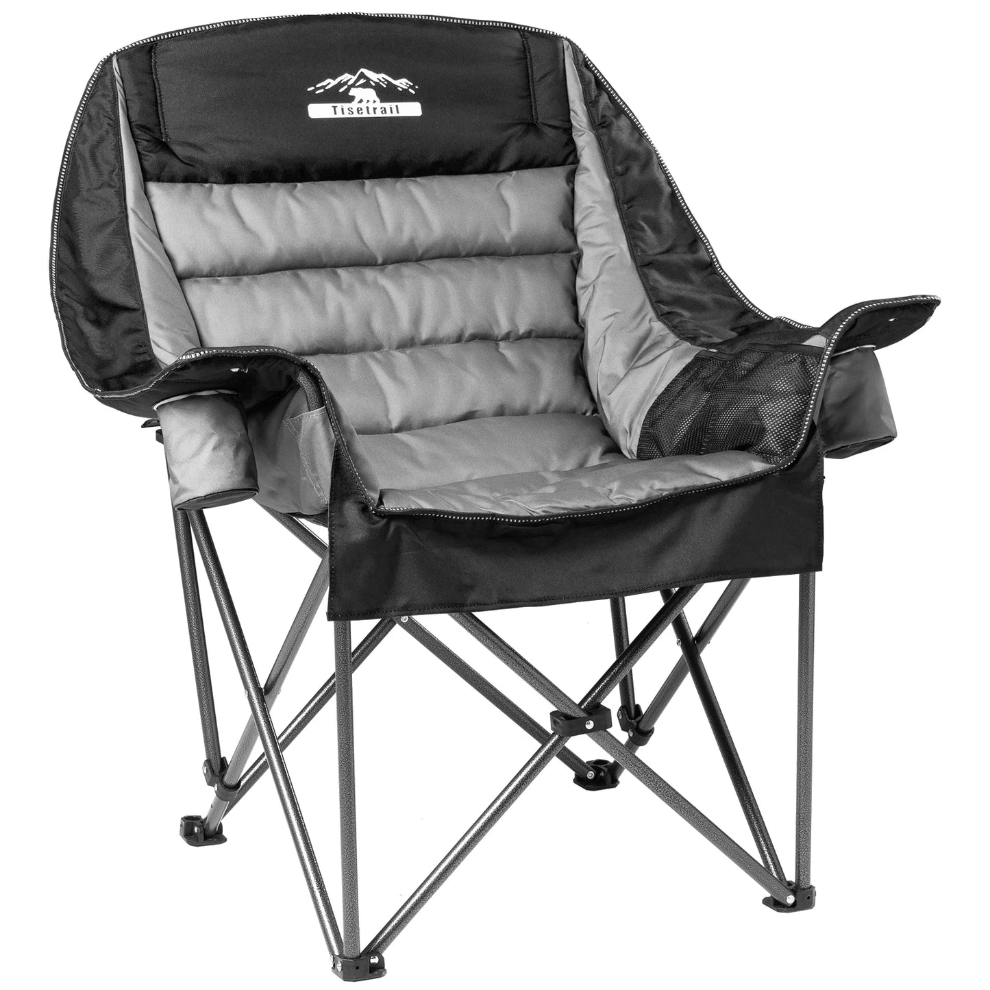 Tisetrail Oversized Padded Camping Chair Extra Large Camp Chairs for Adults with Side Pocket and Cup Holder Black and Gray