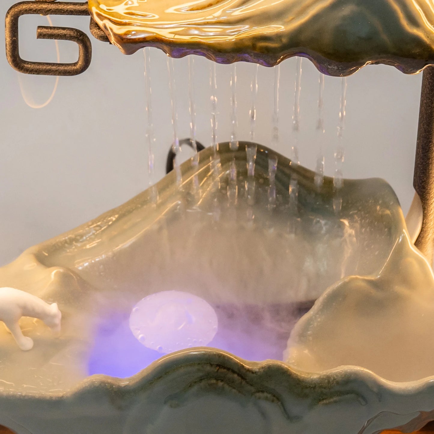 Tabletop Water Fountains Indoor Waterfall with Mist LED Indoor Water Fountains for Meditation with Fake Plants Feng Shui Decor