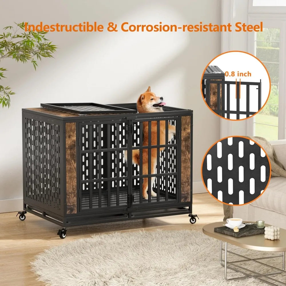 Sturdy 42-inch Dog Crate for Large and Medium Breeds, Secure and Durable Kennel for Anxious Dogs, Rustic Brown Indoor Pet Cage
