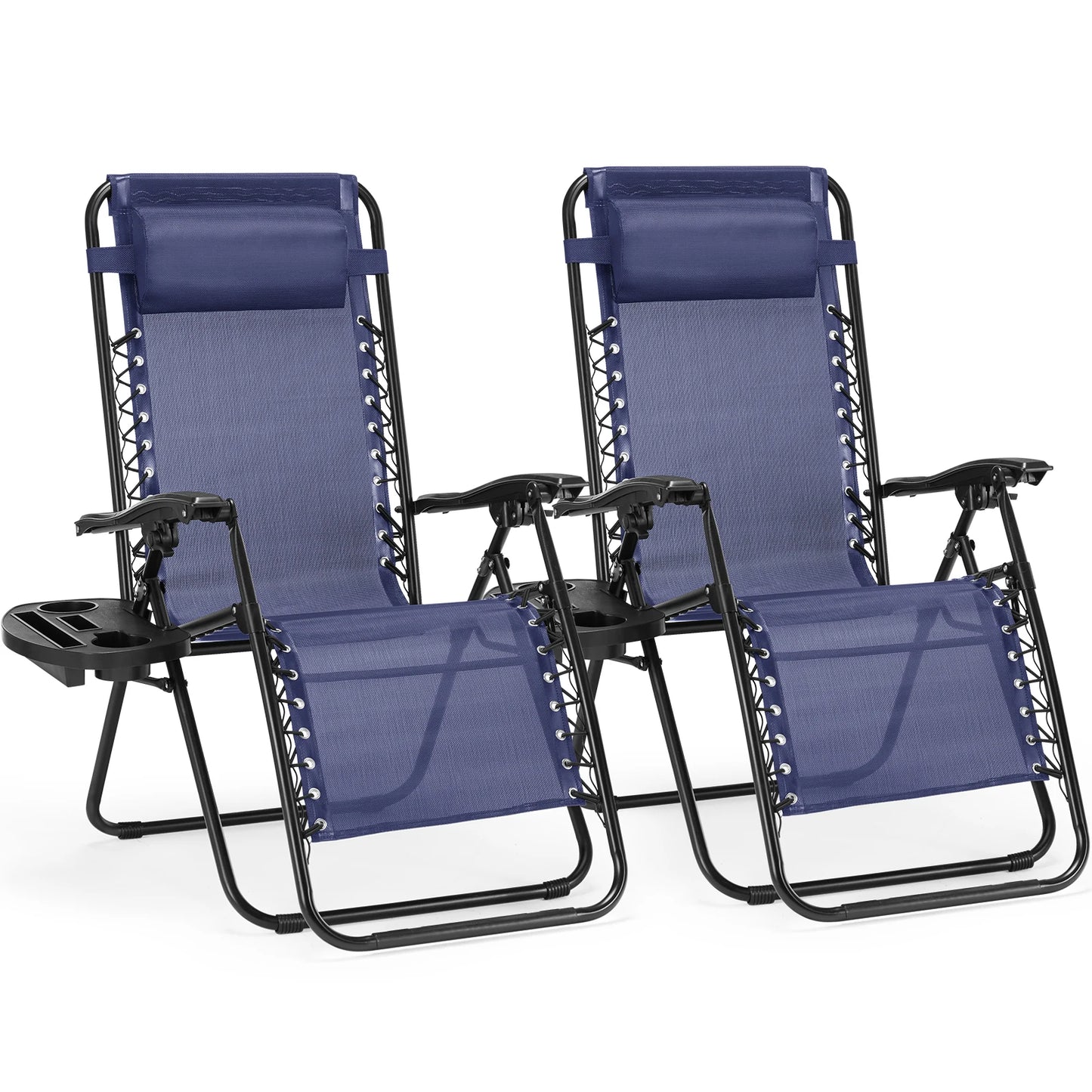 JHK Zero Gravity Set of 2 Portable Recliner Camping Patio Outdoor Garden Lounge Chair with Cup Holder Trays and Adjustable Pillow