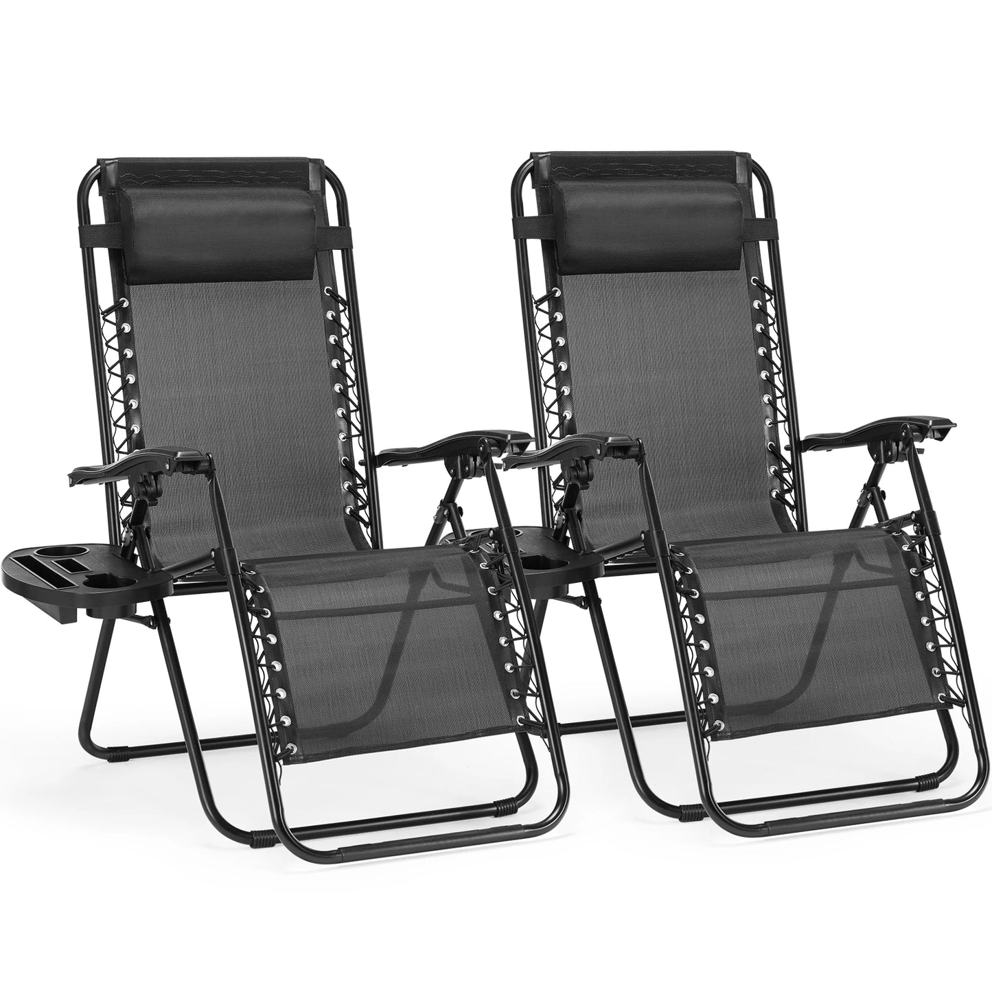 JHK Zero Gravity Set of 2 Portable Recliner Camping Patio Outdoor Garden Lounge Chair with Cup Holder Trays and Adjustable Pillow
