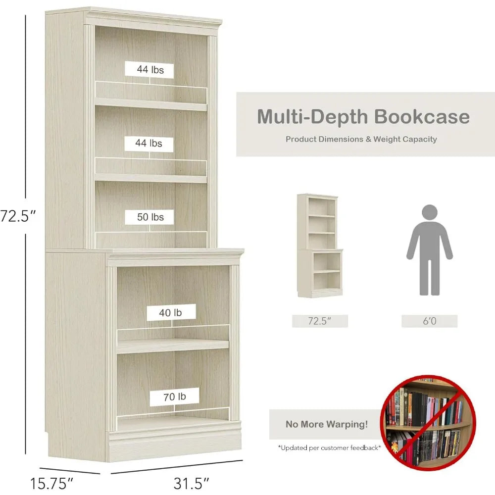 Halston Multi-Depth Bookcase - Adjustable Open Shelf Storage Unit for Home & Office, 31.5”L x 15.75”W Display Shelving