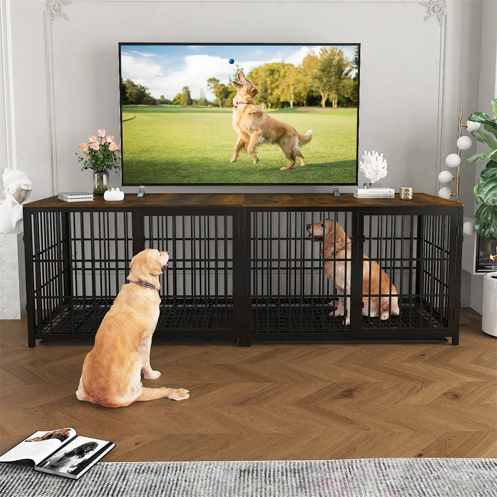 Heavy Duty XXL Dog Crate Wooden Industrial Dog Cage Kennel Furniture Style End Table Cabinet with Three Doors and Removable Tray