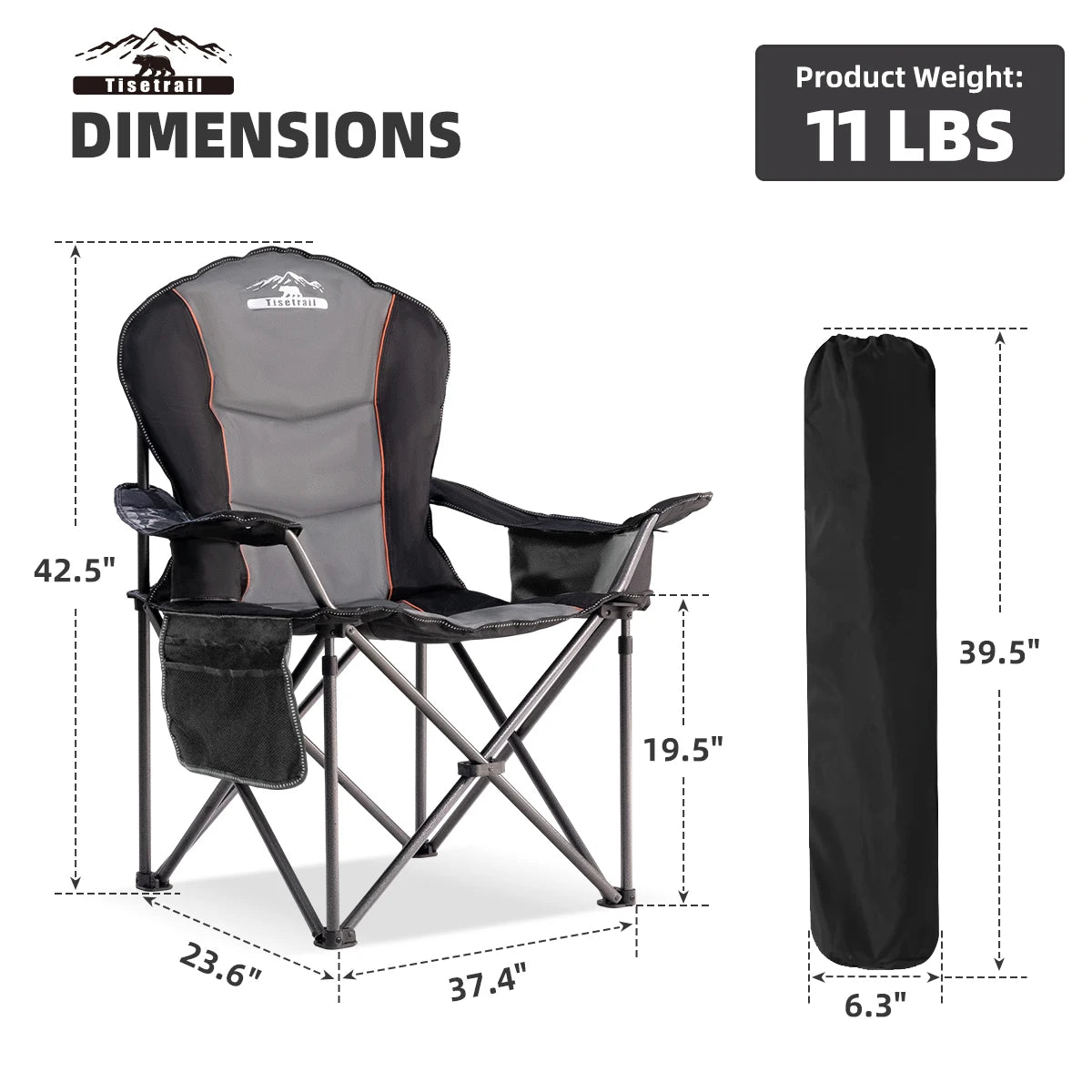 Tisetrail Oversized Camping Chair Folding Chair with Cooler Padded Outdoor Chair Heavy Duty Support 500 Pounds Black and Gray