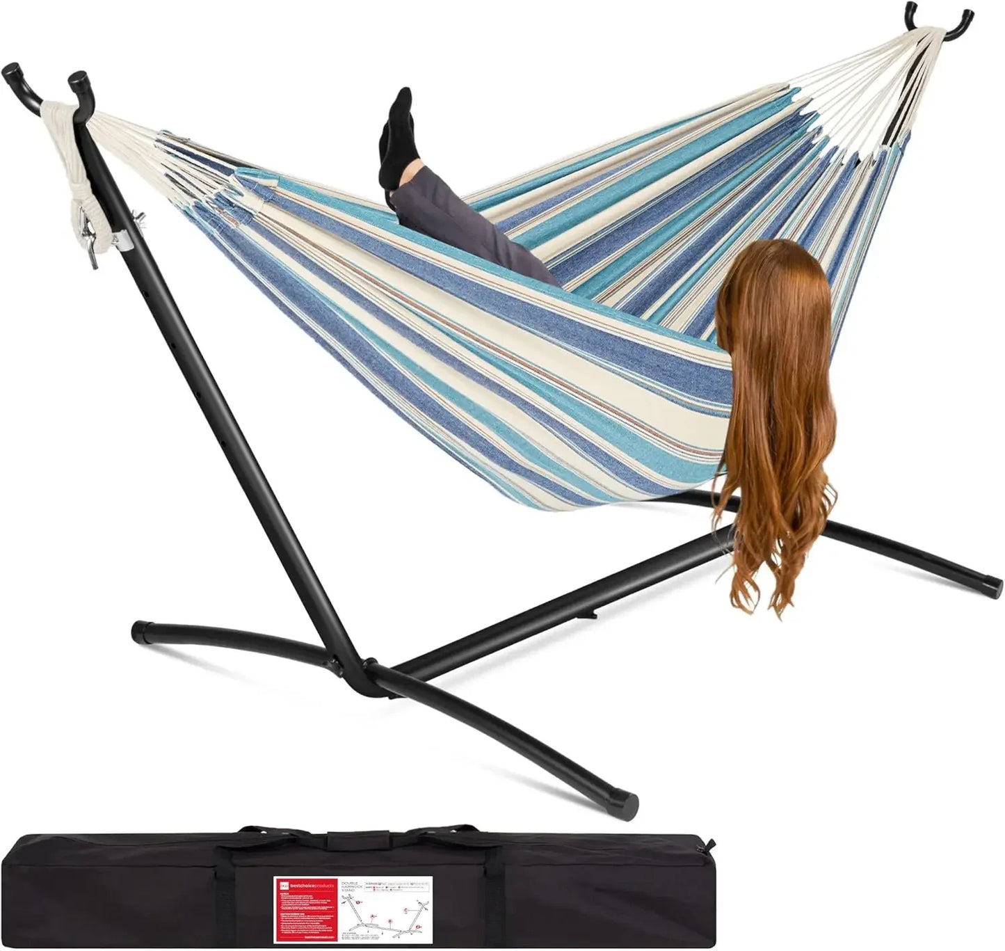 Double Hammock With Steel Stand Indoor Outdoor Brazilian Style Cotton Bed With Carrying Bag