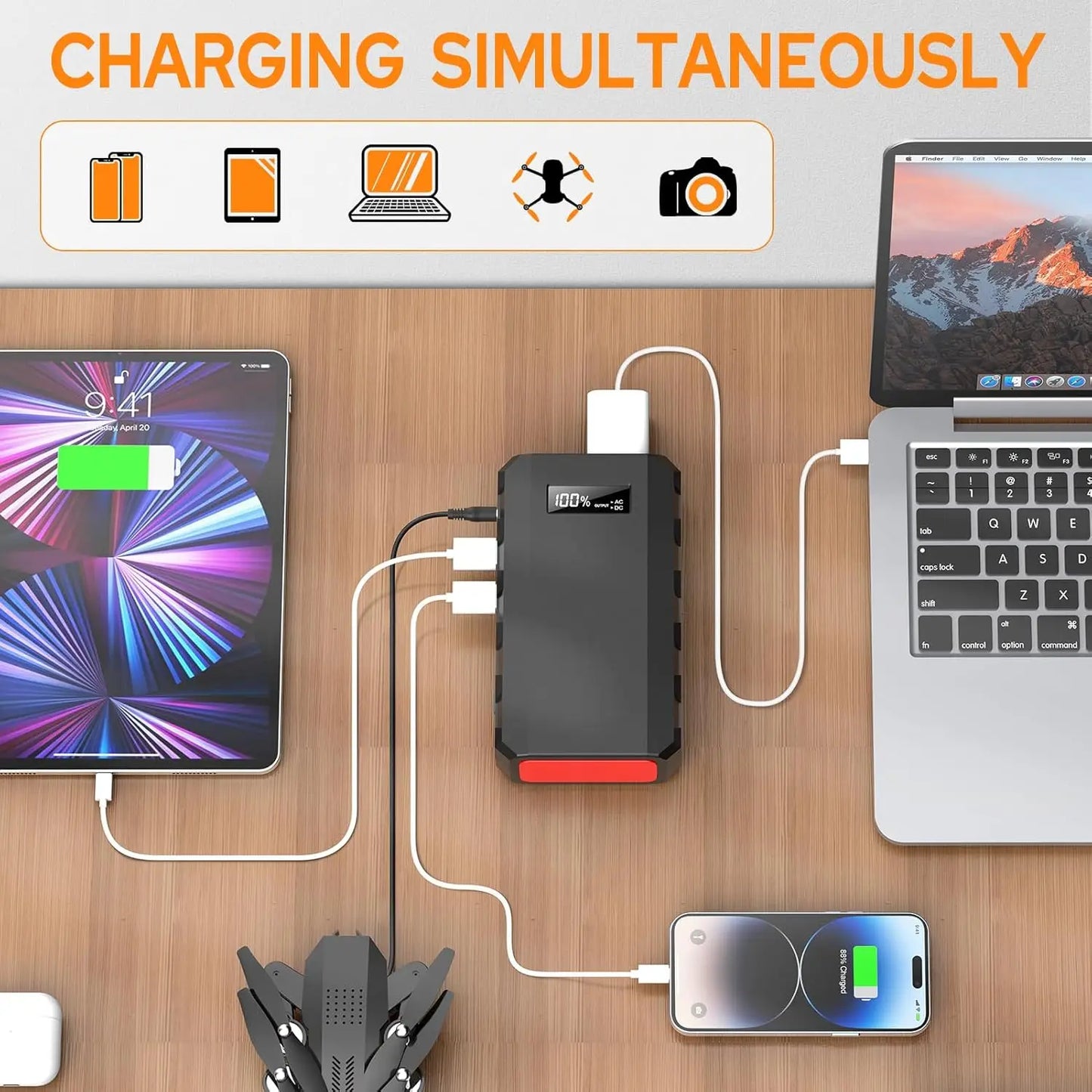 Powkey 88Wh Portable Power Station 24000mAh110V/65W Power Bank Battery Charger AC, DC, USB QC3.0 for Home Camping Emergency Back