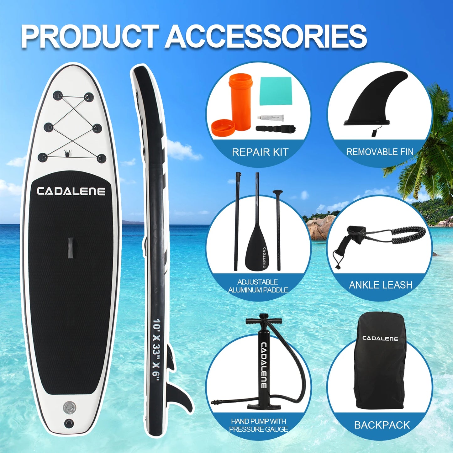 Cadalene Inflatable Stand Up Paddle Board with SUP Accessories Anti Slip EVA Deck 10 Inch Inflatable Paddle Boards for Adults
