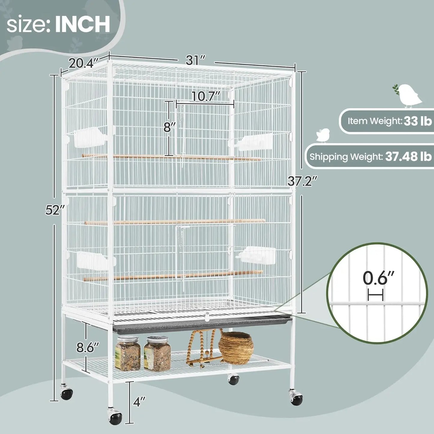 52" Forged Steel Vertical Large Flying King Bird Cage for Cockatiels, African Grey Parakeets with Stand