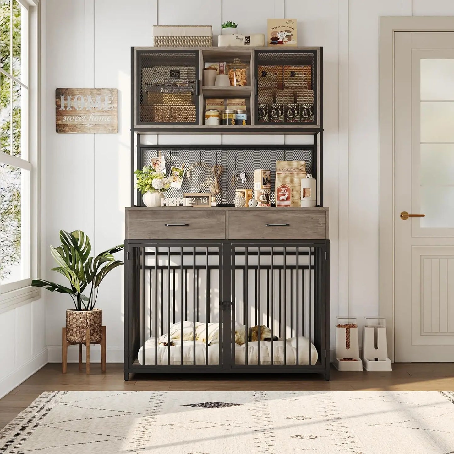 Large Indoor Dog Crate with Hutch, 71" Tall and 42" Wide, Suitable for Medium to Large Dogs, Wooden Dog Cage with Two Storage Ar