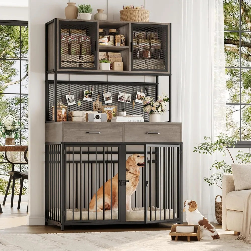 Large Indoor Dog Crate with Hutch, 71" Tall and 42" Wide, Suitable for Medium to Large Dogs, Wooden Dog Cage with Two Storage Ar