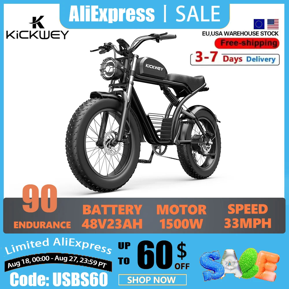 Kickwey K7 Adult Electric Bicycle 1500w 48V 23ah Mountain Electric Bike 20 Inch Fat Tire Outdoor Entertainment Off Road E Bike