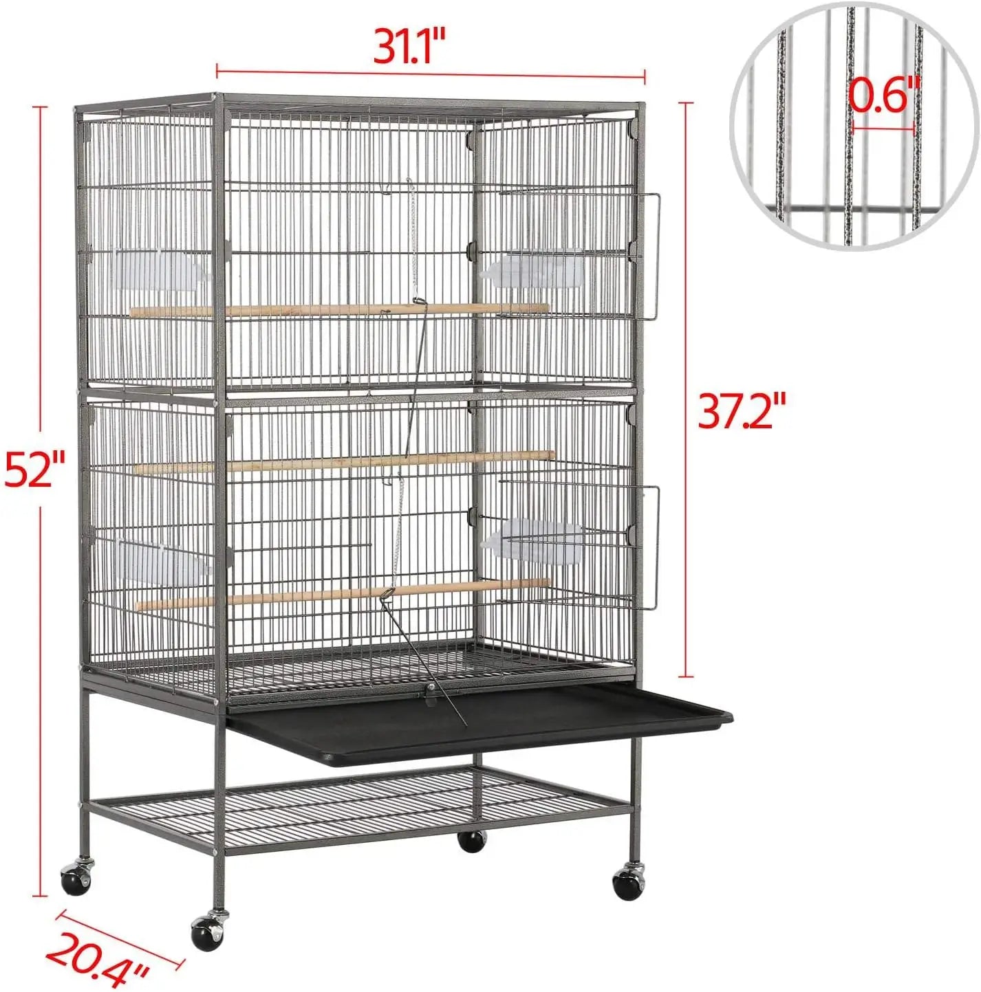 52" Forged Steel Vertical Large Flying King Bird Cage for Cockatiels, African Grey Parakeets with Stand