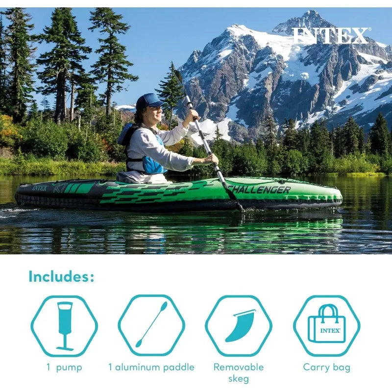 Intex Challenger Inflatable Kayak Series with Deluxe 86 Inch Paddles and High Output Pump Super Strong PVC