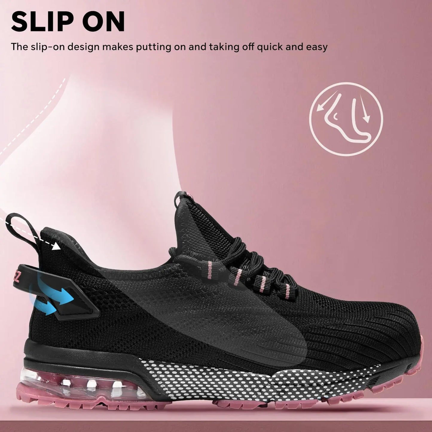 Spiez Safety Shoes for Women Lightweight Non Slip Work Shoes Air Cushion Sneakers for Work and Daily Wear Black Pink