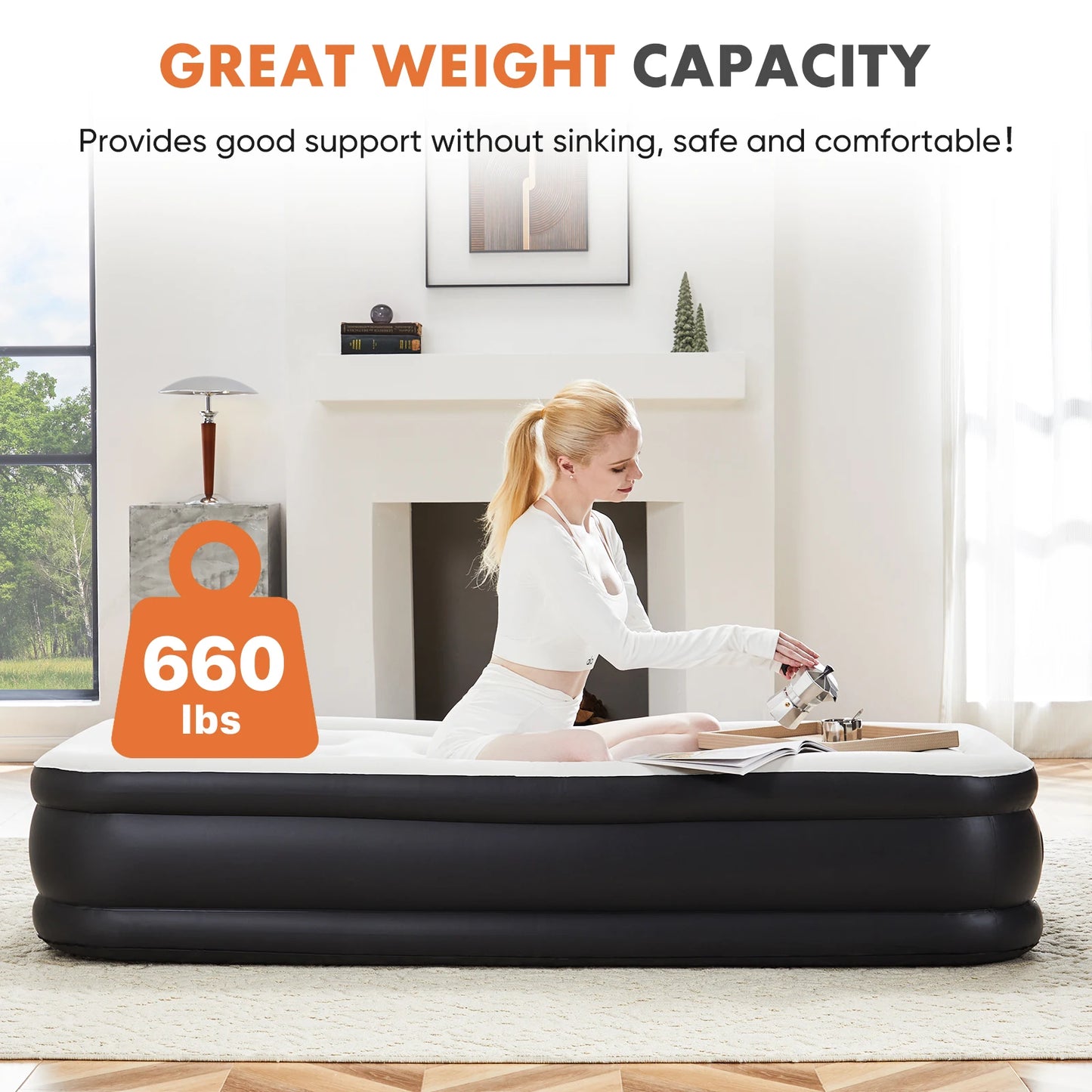 JHK Queen Twin Size Air Mattress Double Height Non Slip Bottom Weight Capacity 660 Pounds Air Bed for Home or Camping