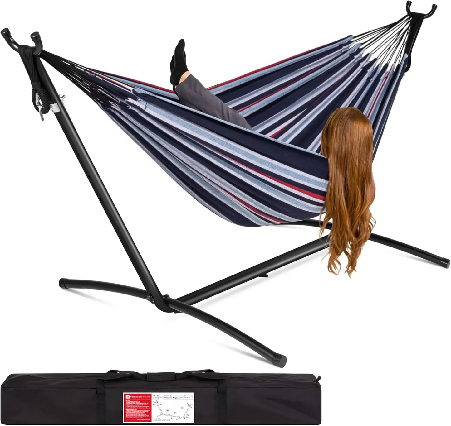 Double Hammock With Steel Stand Indoor Outdoor Brazilian Style Cotton Bed With Carrying Bag