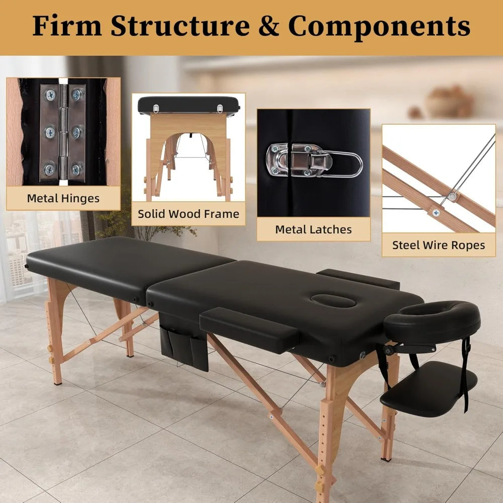 Massage Table Massage Bed Portable, 29 LBs Light Weight 2 Section Foldable Tattoo Bed Facial Care Spa Lash Bed Height Adjustabl