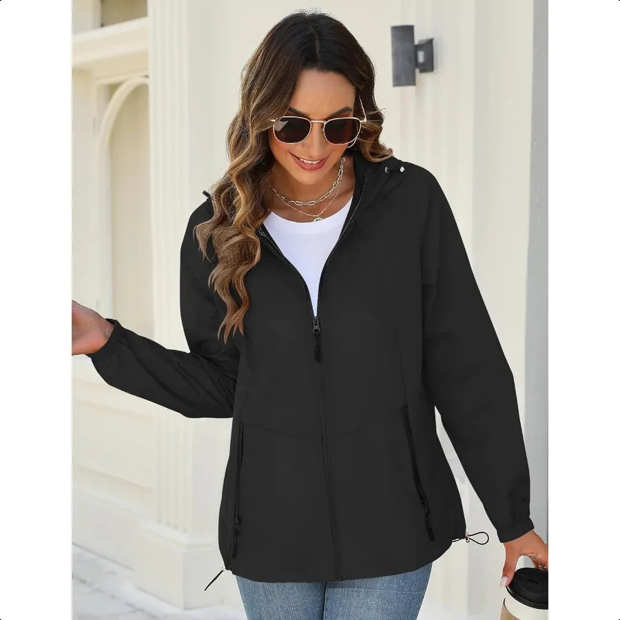 Avoogue Rain Jacket for Women Waterproof Lightweight Windbreaker Jacket with Hood Packable Raincoat with Pockets S3XL