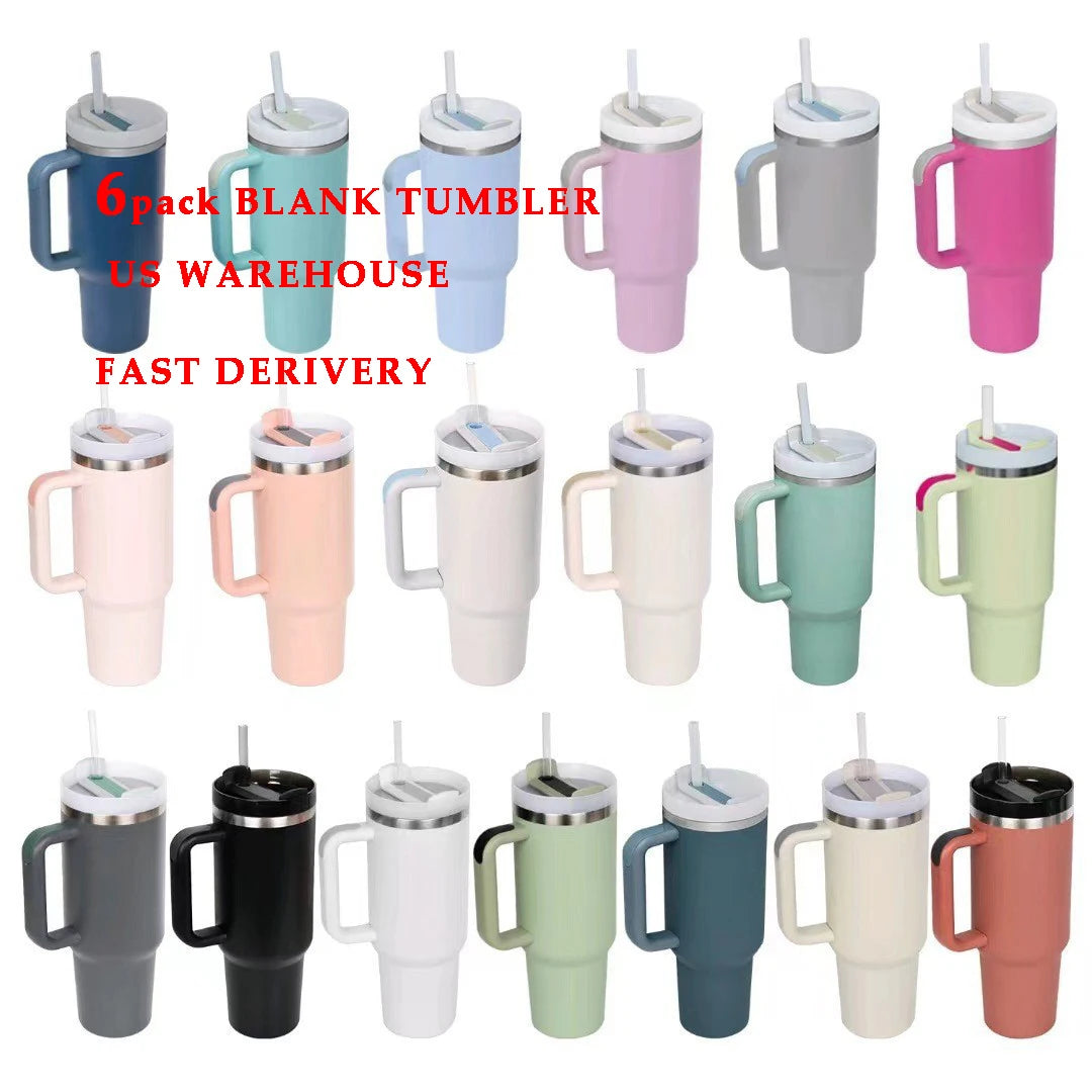 6 Pack US Warehouse 40 Ounce Stainless Steel Double Wall Tumbler with Handle Eco-Friendly and Dishwasher Safe