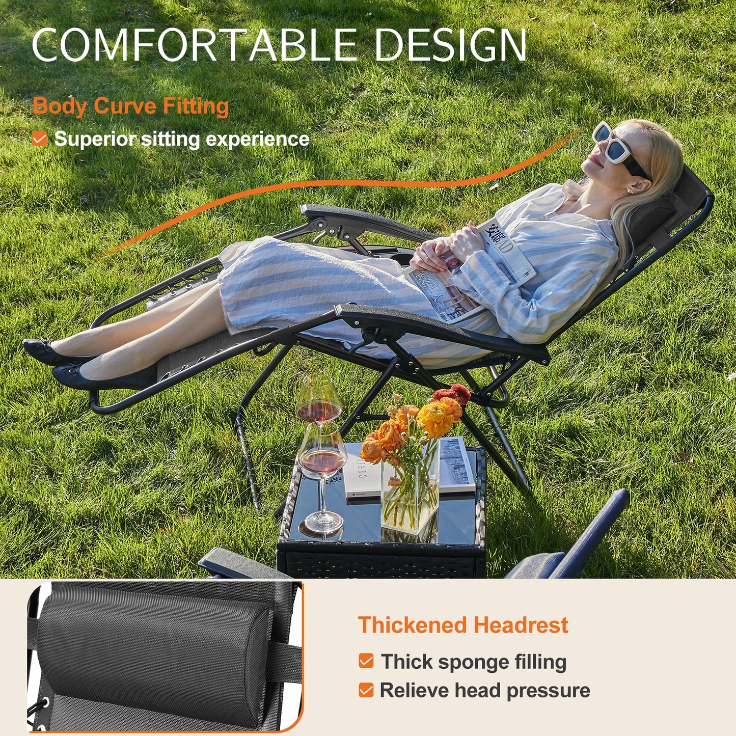 JHK Zero Gravity Set of 2 Portable Recliner Camping Patio Outdoor Garden Lounge Chair with Cup Holder Trays and Adjustable Pillow