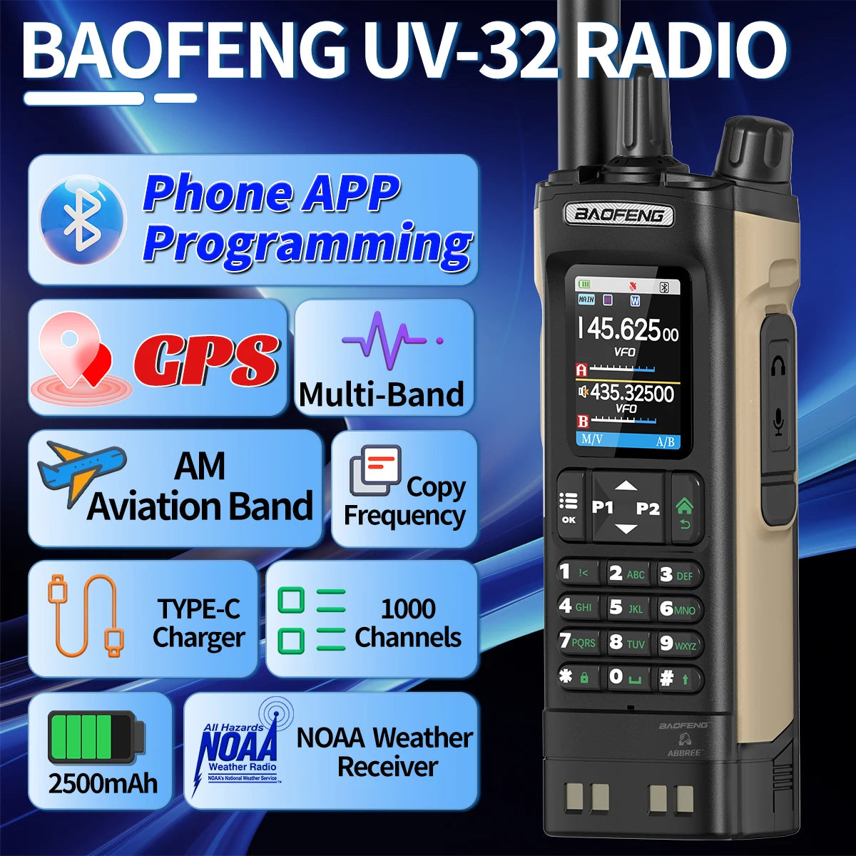 Baofeng UV-32 Walkie Talkie Multi Band 10W GPS Bluetooth Programming Amateur AM Two Way Radio with 2.0 Inch Screen Type C Ham Radio