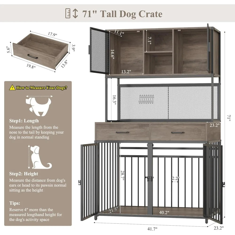 Large Indoor Dog Crate with Hutch, 71" Tall and 42" Wide, Suitable for Medium to Large Dogs, Wooden Dog Cage with Two Storage Ar
