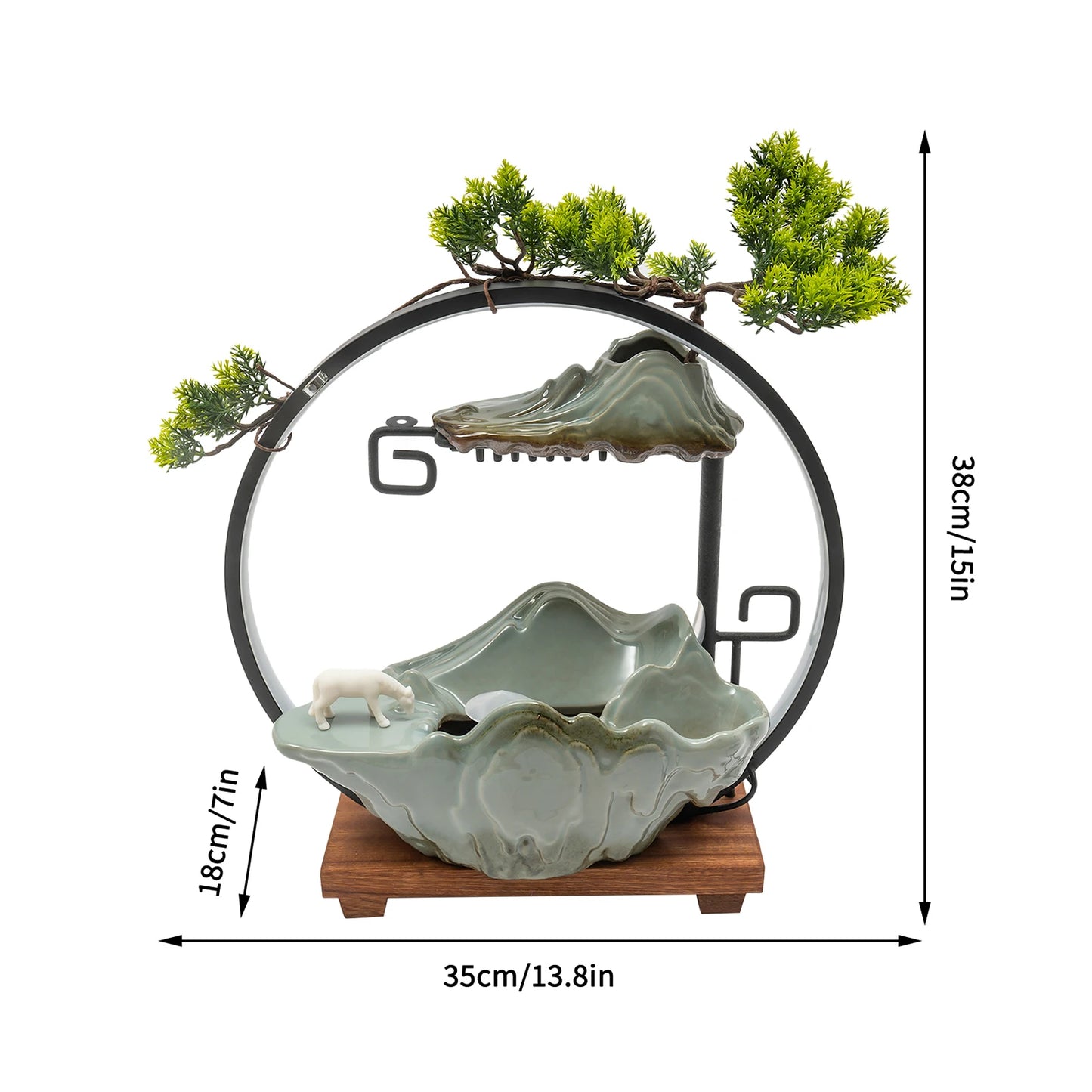 Tabletop Water Fountains Indoor Waterfall with Mist LED Indoor Water Fountains for Meditation with Fake Plants Feng Shui Decor