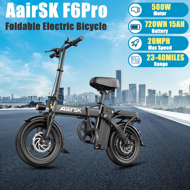 Aairsk F6Pro Electric Bicycle 500W Brushless Motor 48V 15AH Removable Battery 14"*2.15Tire Electric Bike With Bcak Seat Ebike