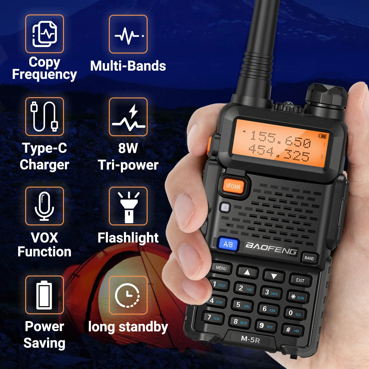 Baofeng M-5R Walkie Talkie 8W Multi Band Type-C Wireless Copy Frequency Long Range Two Way Ham Radio