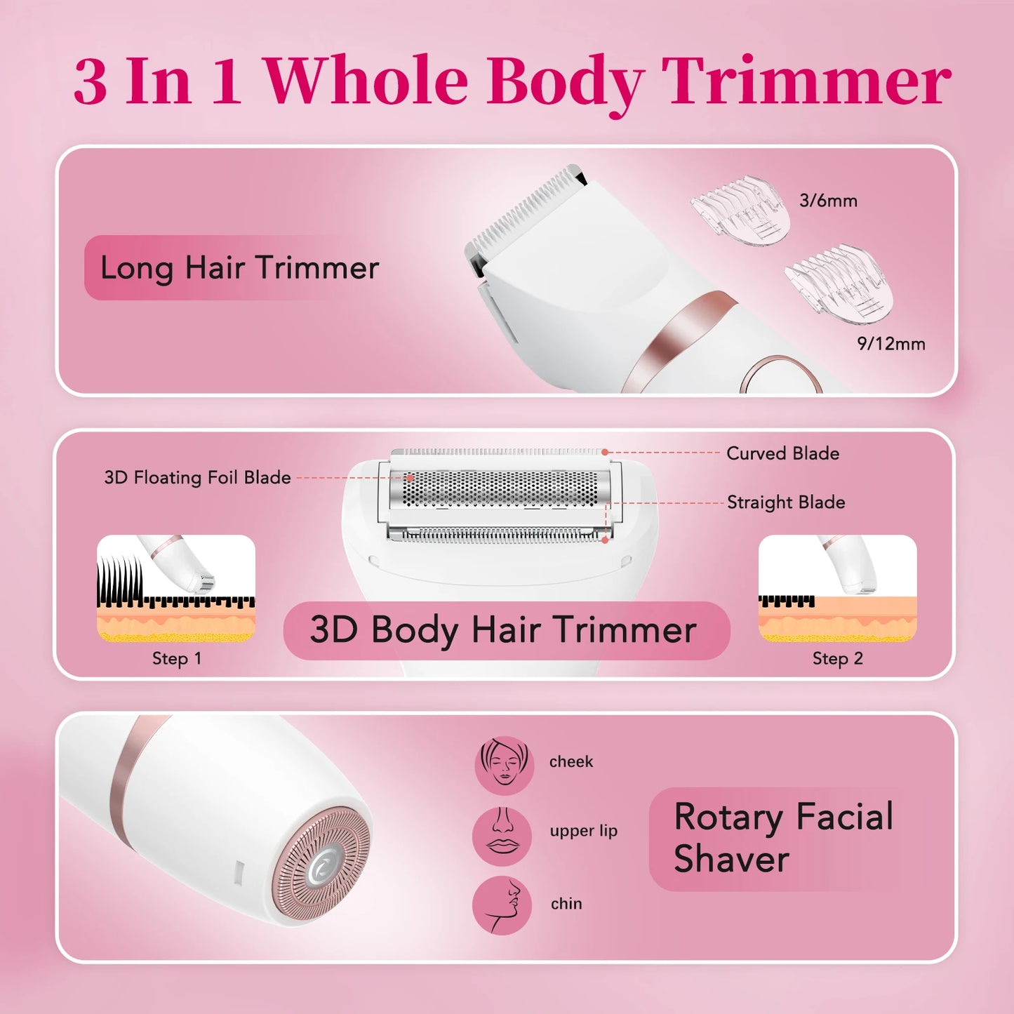 MAXGROOM 3 in 1 Body Hair Trimmer Kit for Woman Bikini Hair Shaver Facial Trimmer Electric IPX6 Waterproof Pubic Hair Shaver