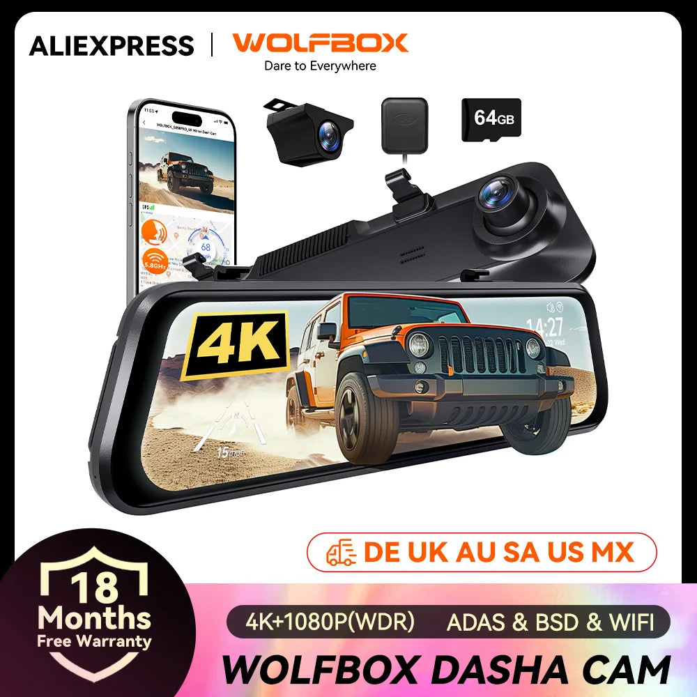 WOLFBOX G850 PRO 4K WIFI Mirror Dash Cam with ADAS and BSD 5.8GHz WiFi Voice Control Car DVR Rearview Mirror 12inch