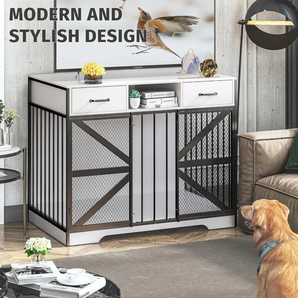 Large Wooden Indoor Dog Crate for XL and Medium Dogs - Heavy Duty Metal Cage with Decorative Design