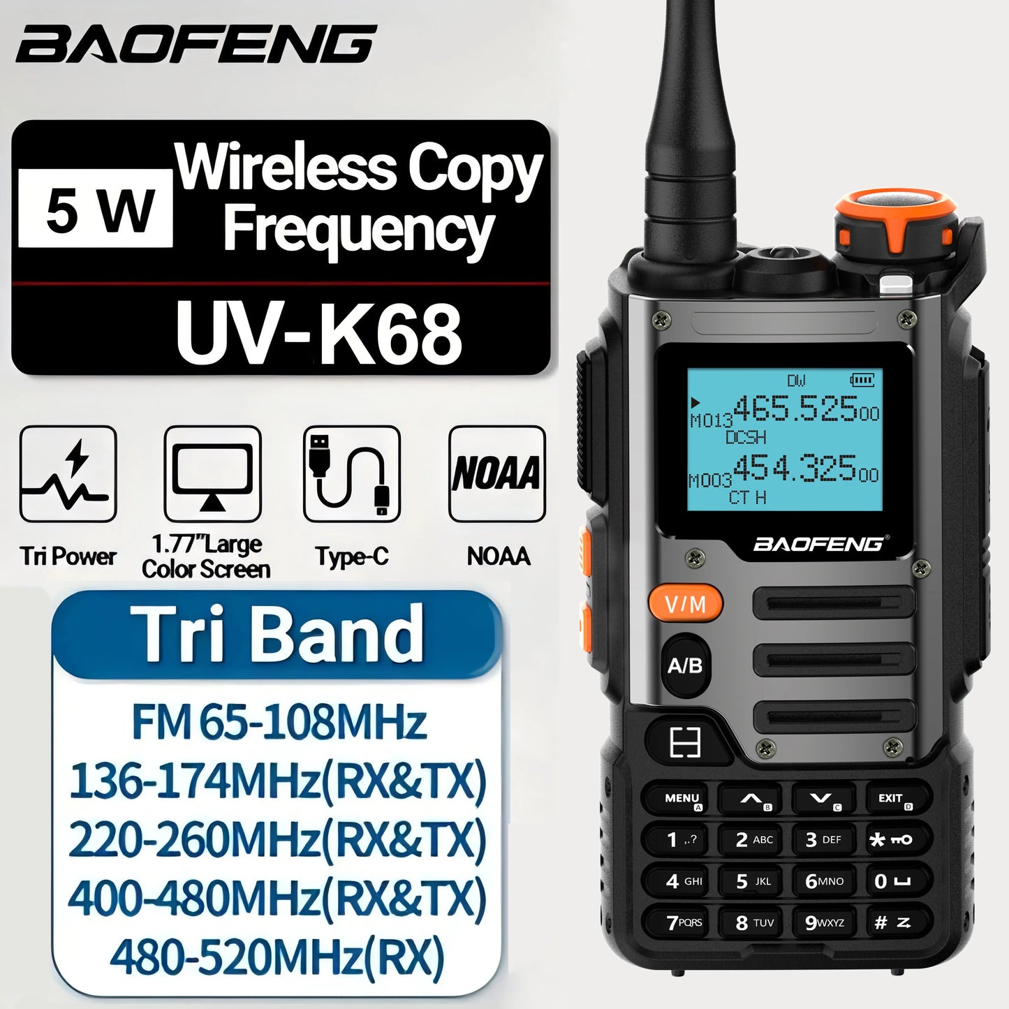 Baofeng UV K68 Walkie Talkie Air Band Radio Type C K68 Charge UHF VHF DTMF FM NOAA Wireless Frequency Two Way Radio