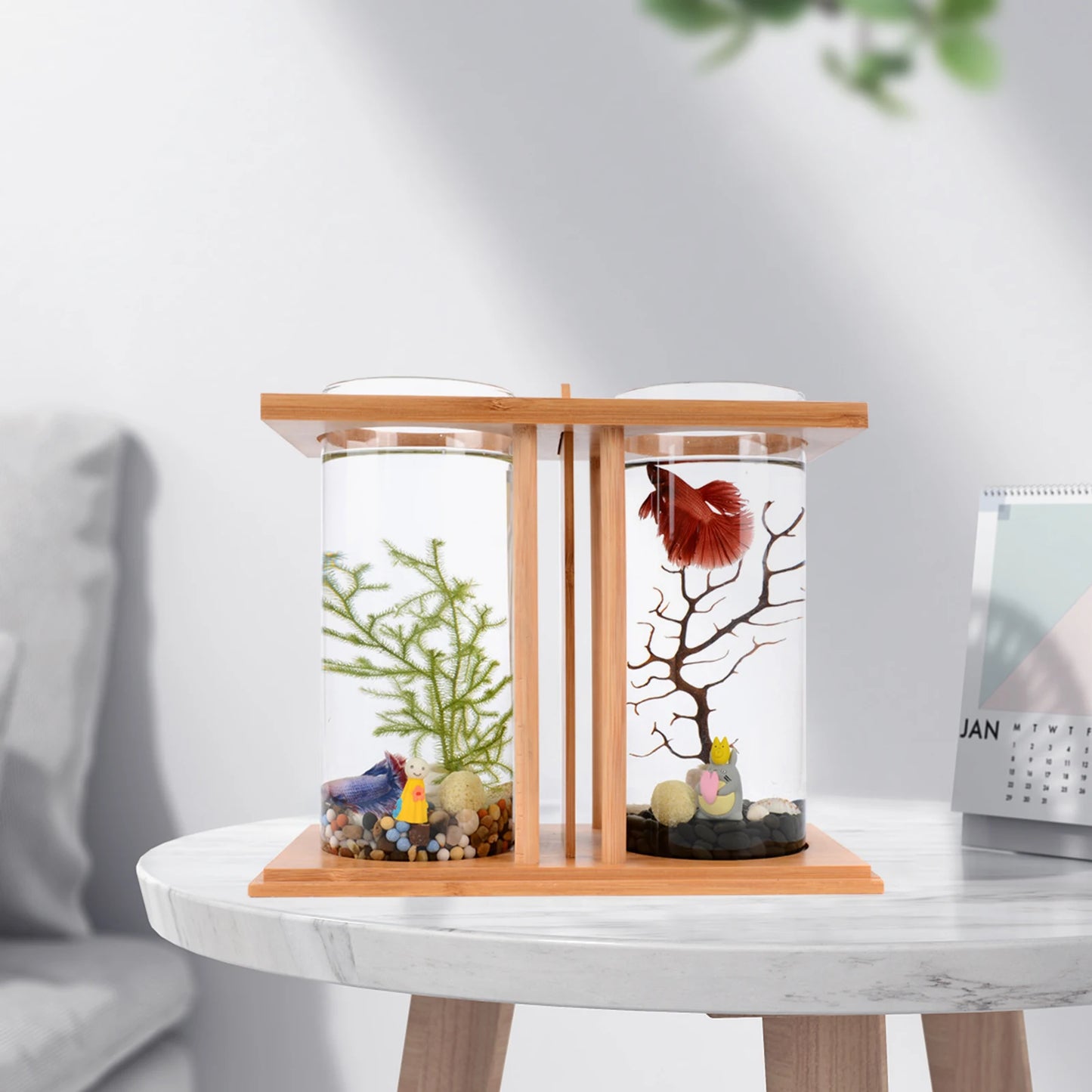 Desktop Mini Fish Tank Creative Bamboo Wood Ecological Fish Tank Dual Glass DIY Fish Tank Aquarium