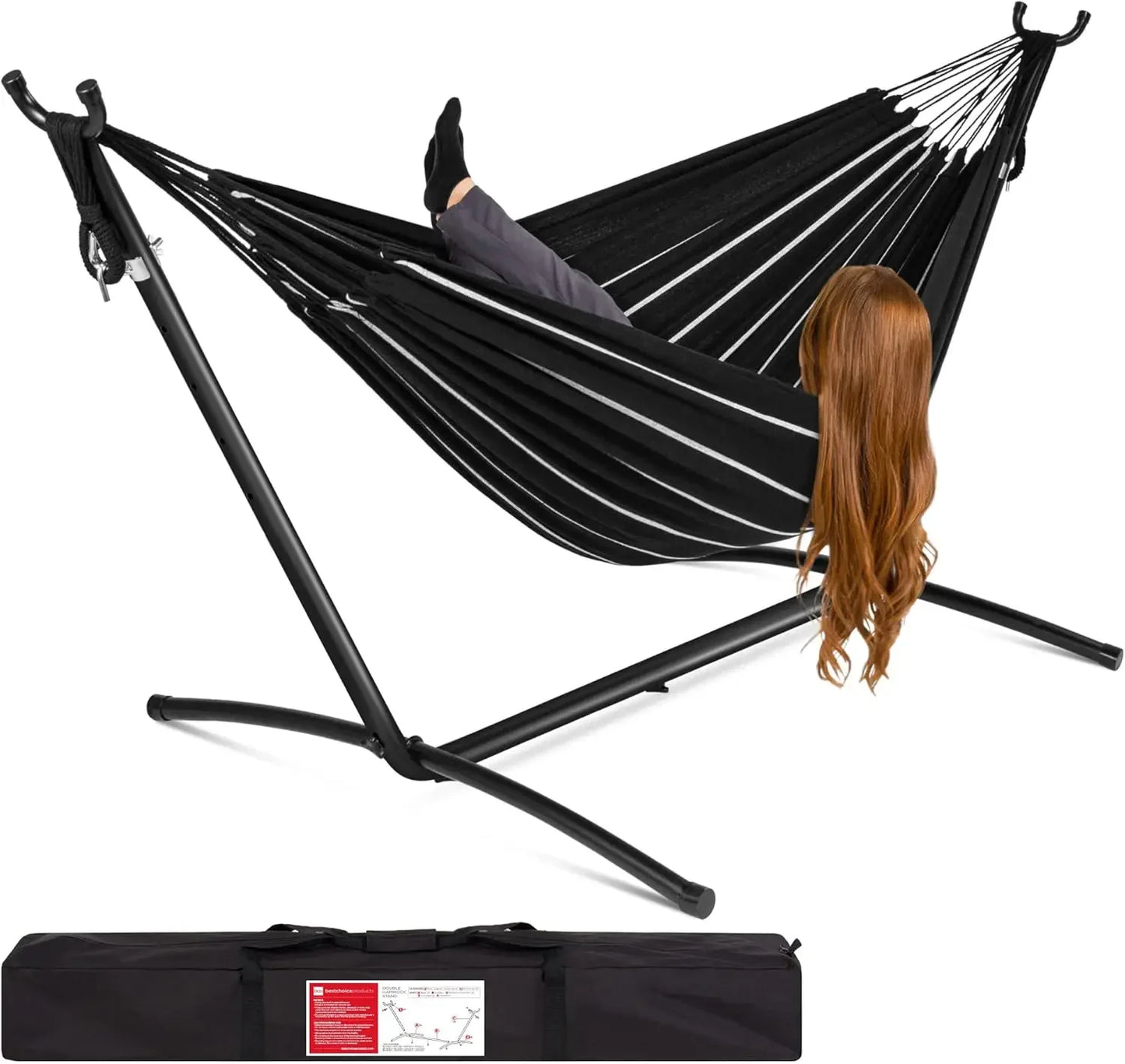 Double Hammock With Steel Stand Indoor Outdoor Brazilian Style Cotton Bed With Carrying Bag