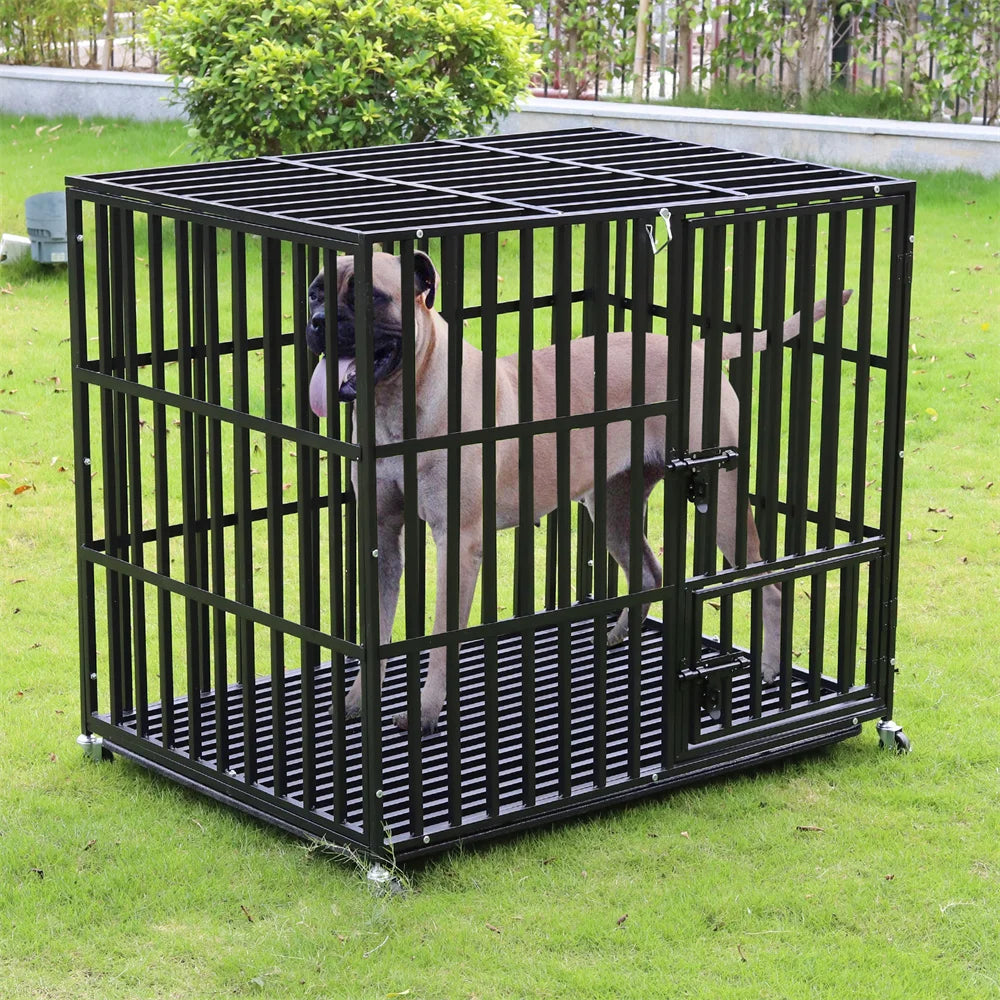Xxl Large Heavy Duty Dog Crate Strong Pet Cage Tear Resistant Square Tube Metal Kennel Playpen with Lockable Wheels and Tray