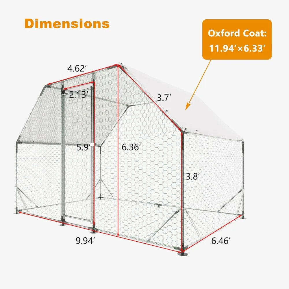 Large Metal Chicken Coop for 5-10 Chickens, Rabbits, Ducks, 6.46×9.94×6.36 ft Outdoor Pen Walk-in Poultry Cage with Water-Reside