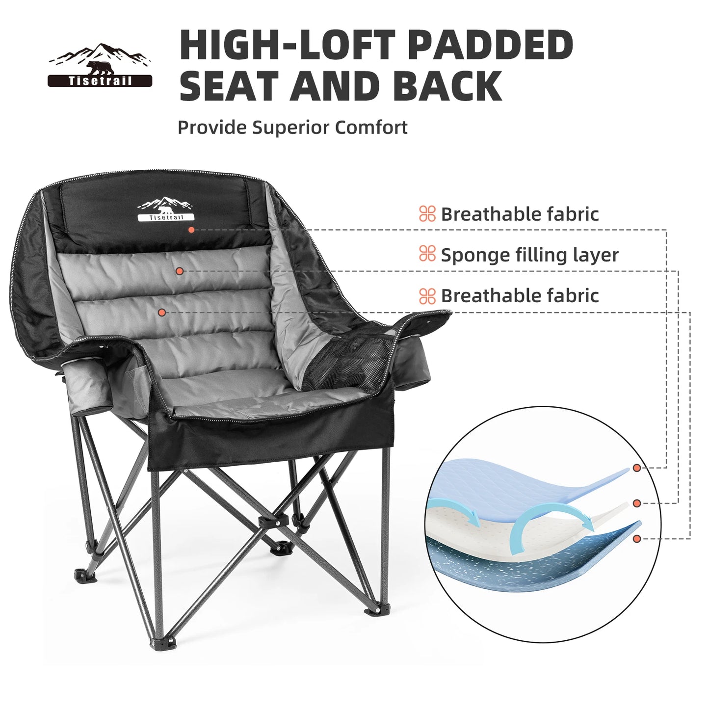 Tisetrail Oversized Padded Camping Chair Extra Large Camp Chairs for Adults with Side Pocket and Cup Holder Black and Gray
