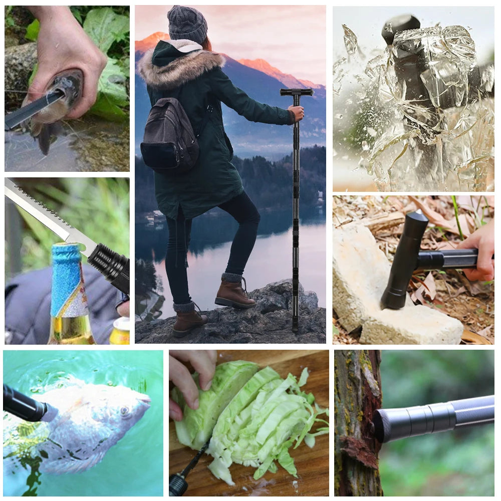 Multi Mountaineering Stick with Camouflage Backpack T-shaped Retractable Folding Stick for Outdoor Mountaineering Climbing Tool