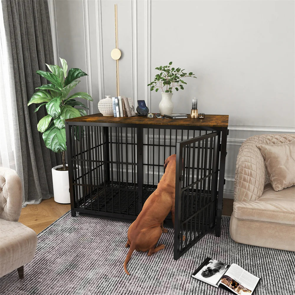 Heavy Duty XXL Dog Crate Wooden Industrial Dog Cage Kennel Furniture Style End Table Cabinet with Three Doors and Removable Tray