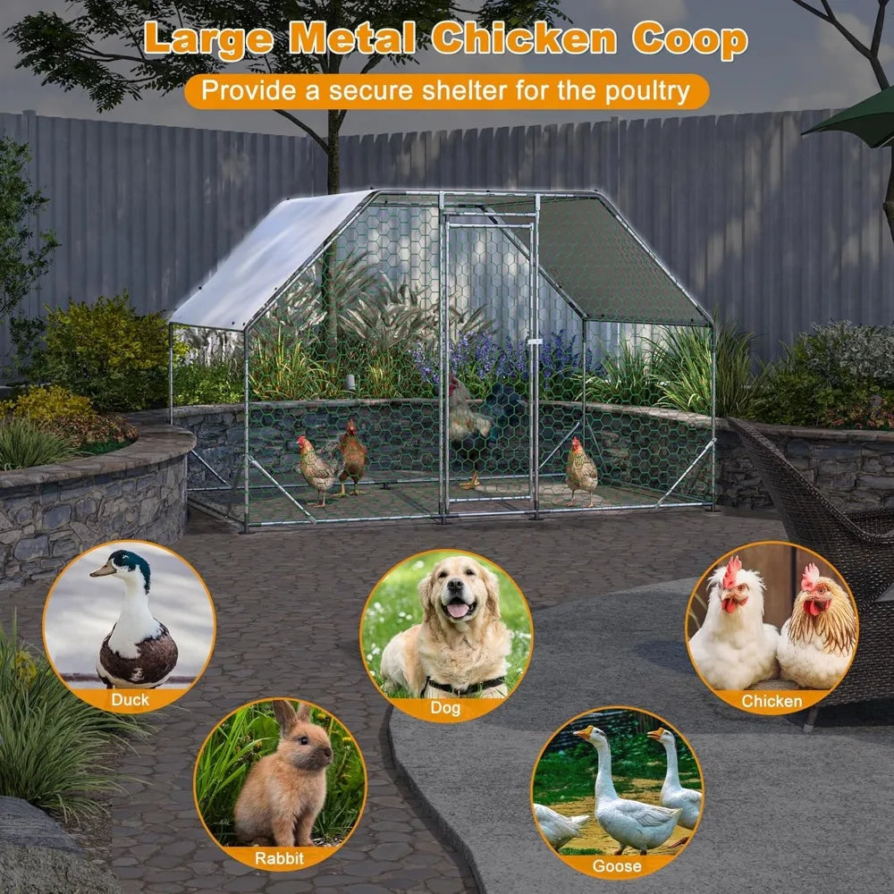 Large Metal Chicken Coop for 5-10 Chickens, Rabbits, Ducks, 6.46×9.94×6.36 ft Outdoor Pen Walk-in Poultry Cage with Water-Reside