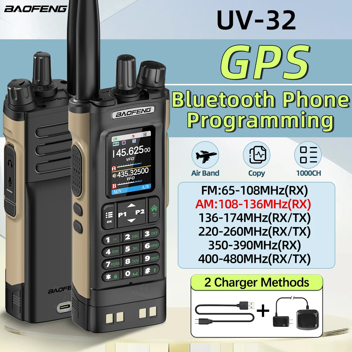 Baofeng UV-32 Walkie Talkie Multi Band 10W GPS Bluetooth Programming Amateur AM Two Way Radio with 2.0 Inch Screen Type C Ham Radio